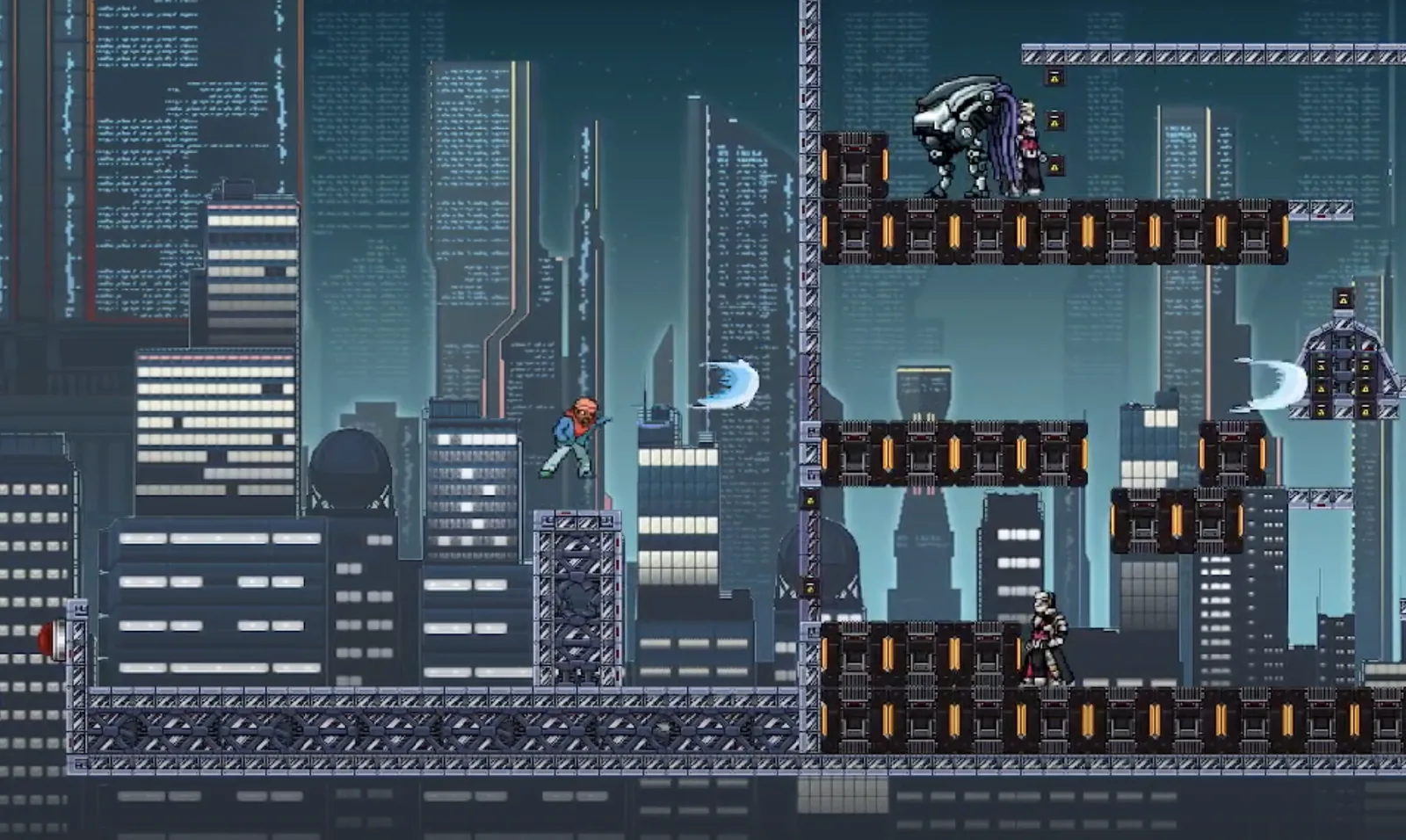 Stage one: a neon-lit pixel-art cityscape at night with layered platforms.